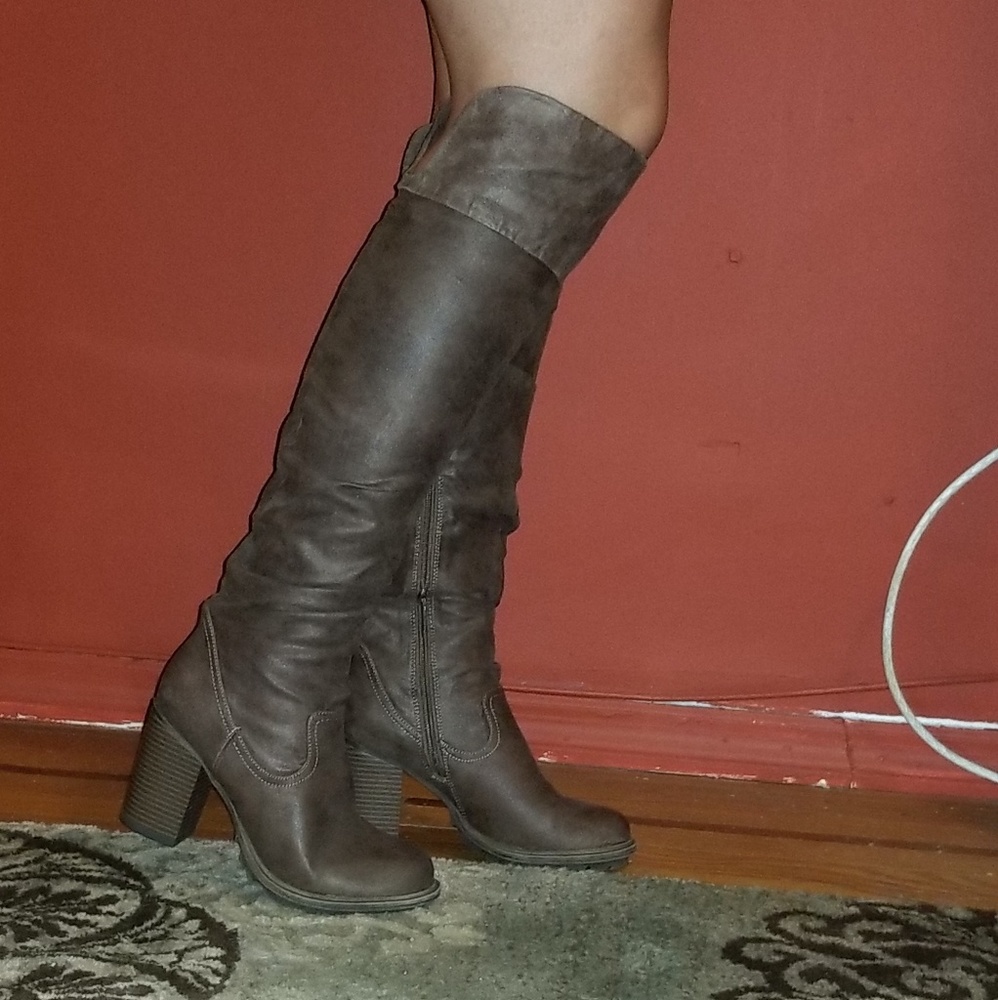 Brown faux leather knee high boots